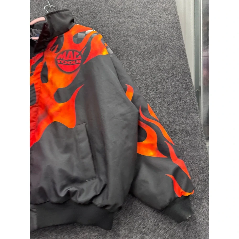 Swingster Mac Tools Racing Jacket Flame Checkered Flag Bomber Black Orange Mens